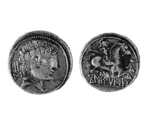 Denario con jinete y letrero ibérico. Museo arqueológico de Palencia